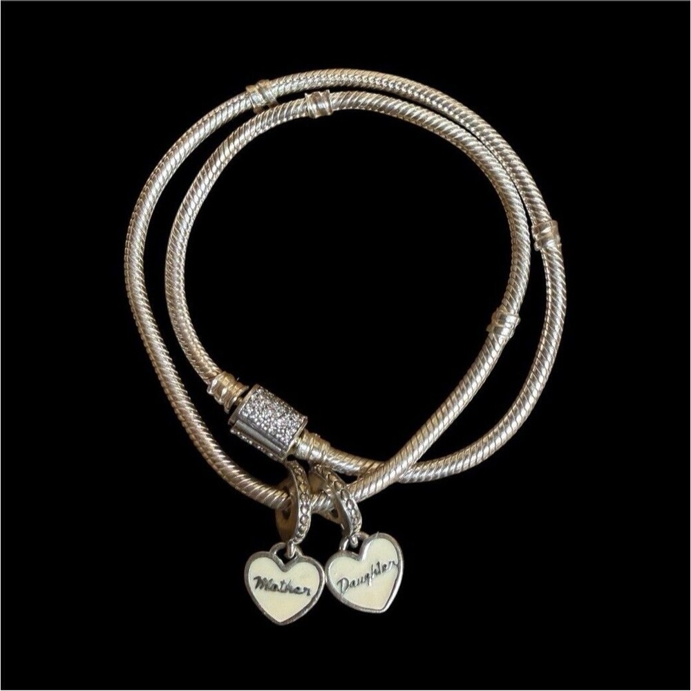 Authentic Pandora Double Wrap Bracelet Pave Barrel Clasp Mother Daughter Charm
